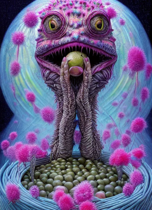 Image similar to hyper detailed 3d render like a Oil painting - kawaii portrait Aurora (a skeksis from dark crystal that looks like Anya Taylor-Joy) seen Eating of the Strangling network of yellowcake aerochrome and milky Fruit and His delicate Hands hold of gossamer polyp blossoms bring iridescent fungal flowers whose spores black the foolish stars by Jacek Yerka, Ilya Kuvshinov, Mariusz Lewandowski, Houdini algorithmic generative render, Abstract brush strokes, Masterpiece, Edward Hopper and James Gilleard, Zdzislaw Beksinski, Mark Ryden, Wolfgang Lettl, hints of Yayoi Kasuma, octane render, 8k