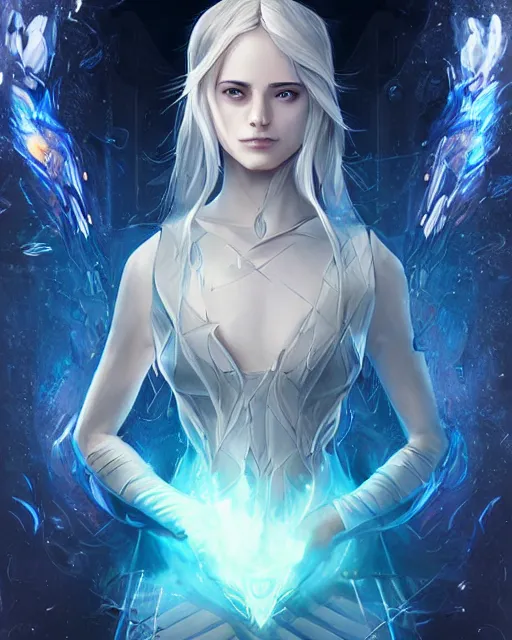 Prompt: digital art by artgerm in the style of throne of glass book covers illustrations, very detailed, intricate, sharp focus, a young adult female magician with fireballs in hand and a blue magic lighting aurea overlay