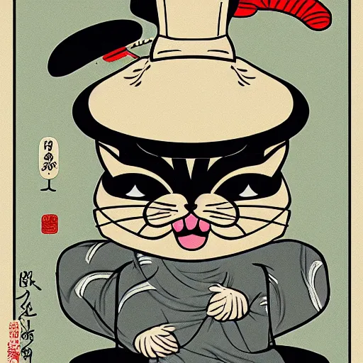 Image similar to a highly detailed illustration of an angry cat with a chef hat baking cookies, done in the style of ukiyo - e, 4 k