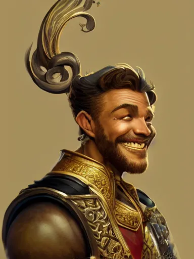 Prompt: a noble man smiling with flirty eyes. crossed arms, sitting in his chair. intricate, elegant, highly detailed, digital painting, artstation, concept art, sharp focus, illustration, by justin gerard and artgerm, 8 k