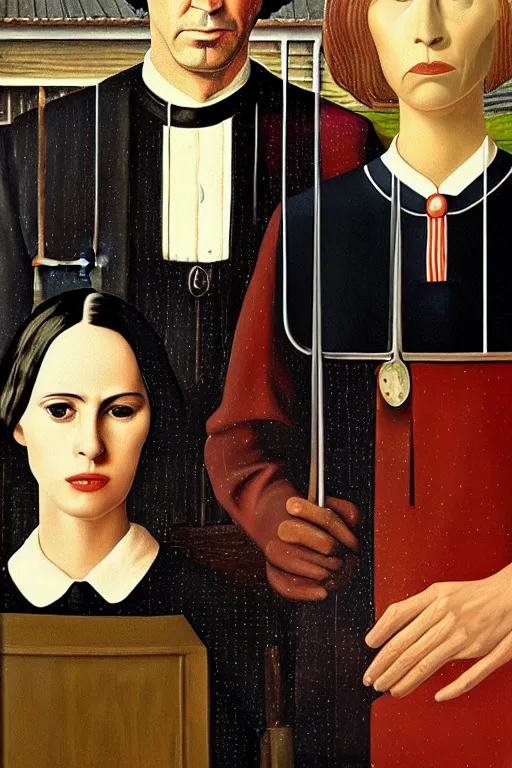 Image similar to painting of Keanu Reeves and Lady Gaga as the couple in American Gothic in the style of Grant Wood