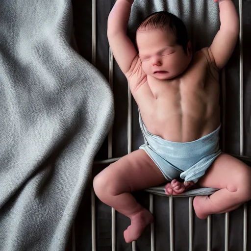 Prompt: a beefed up extremely muscular newborn baby in a crib, rippling muscles, huge veins, bulging muscles, ripped, flexing, intense expression, award winning photography, high detail
