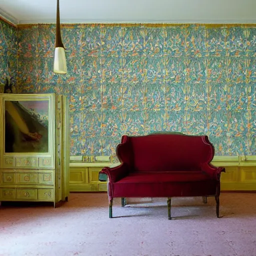 Image similar to a nightmare in a liminal hotel room, baroque wallpaper, film still by wes anderson, depicted by balthus, limited color palette, very intricate, art nouveau, highly detailed, lights by hopper, soft pastel colors, minimalist