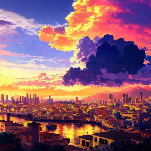 Prompt: key anime visual portrait of an italian city sunset, cumulonimbus clouds, modern anime still, 4 k