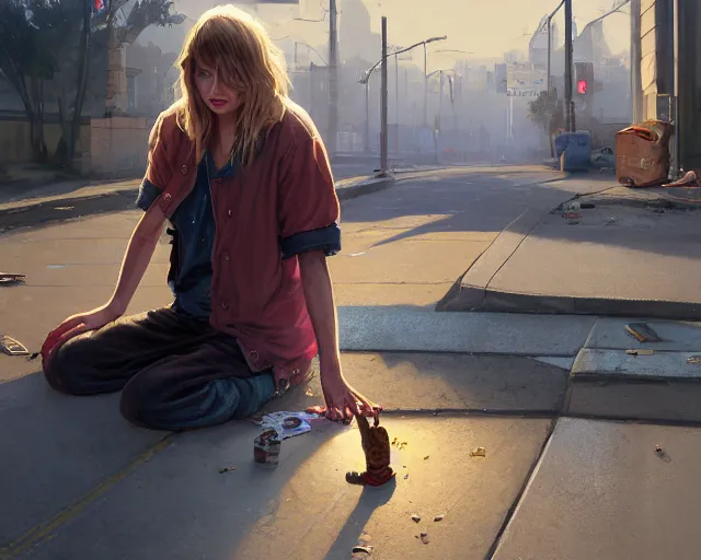 Image similar to Highly detailed portrait of homeless Taylor Swift barefooted, in GTA V, Stephen Bliss, unreal engine, fantasy art by Greg Rutkowski, Loish, Rhads, ferdinand knab, Makoto Shinkai and Lois van baarle, ilya kuvshinov, rossdraws, Tom Bagshaw, global illumination, radiant light, detailed and intricate environment