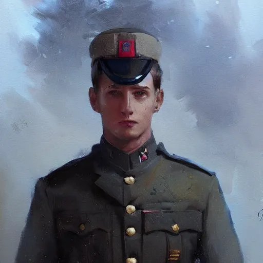 Image similar to Young man with brown hair and blue eyes, full body, wearing a military uniform, standing at attention, by Greg Rutkowski, painting, trending on artstation