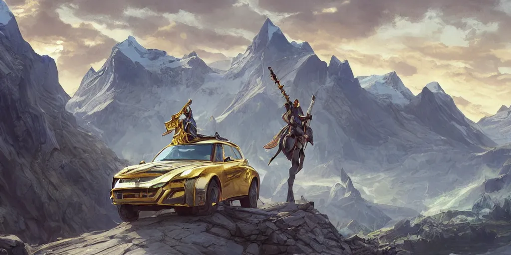 Image similar to wide angle, blue knight with gold sword on top of a green hatchback car, glacier landscape, norway, D&D, fantasy, intricate, elegant, highly detailed, digital painting, artstation, octane render, concept art, matte, sharp focus, illustration, hearthstone, art by Artgerm and Greg Rutkowski and Alphonse Mucha