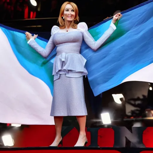 Prompt: JK Rowling starting terrified at a trans flag