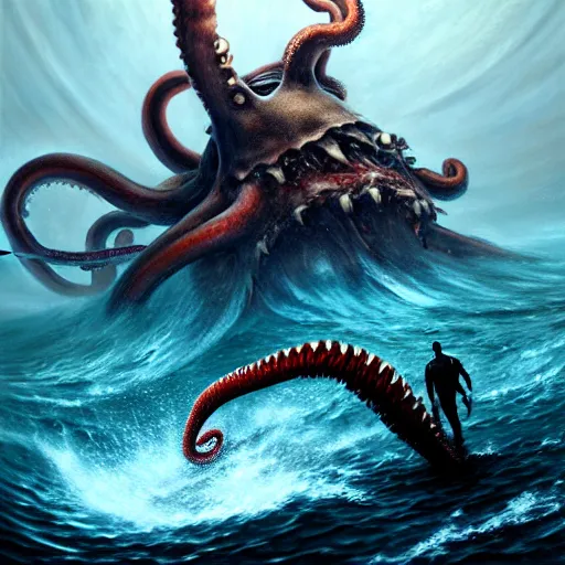 Prompt: a dream fantasy painting of a a man fighting a giant octopus in the deep of the ocean, by beksinki, giger, greg rutkowski, carne griffith trending on artstation, deviantart, photorealism