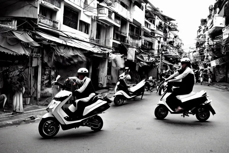 Image similar to moped scooter racing on the street of hanoi, by etienne dinet, artstation cgsociety