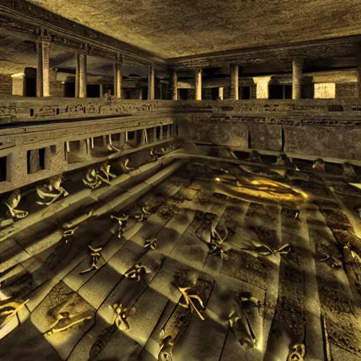 Prompt: hundreds of frogs inside an ancient Egyptian palace, cinematic lighting, dramatic angles, ultra detailed