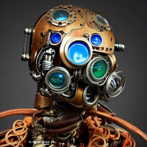 Prompt: portrait photo of a futuristic steam punk robot head wearing a venician mask with mulitcolored gears and tubes and cables, 8 0 mm, crisp, fluorescent colors, insanely detailed, masterpiece, 8 0 mm