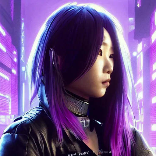 Prompt: portrait of Japanese female gang member of night city, Cyberpunk 2077, cyborg neck, cybernetic neck implant, Wearing futuristic short violet leather jacket, intricate, elegant, highly detailed, digital painting, artstation, concept art, smooth, sharp focus, illustration, art by artgerm and greg rutkowski and alphonse mucha
