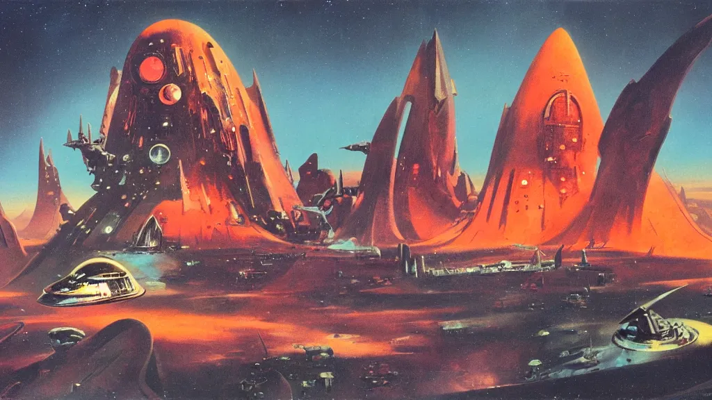 Prompt: spaceship design by paul lehr and jack gaughan and john schoenherr, cinematic matte painting
