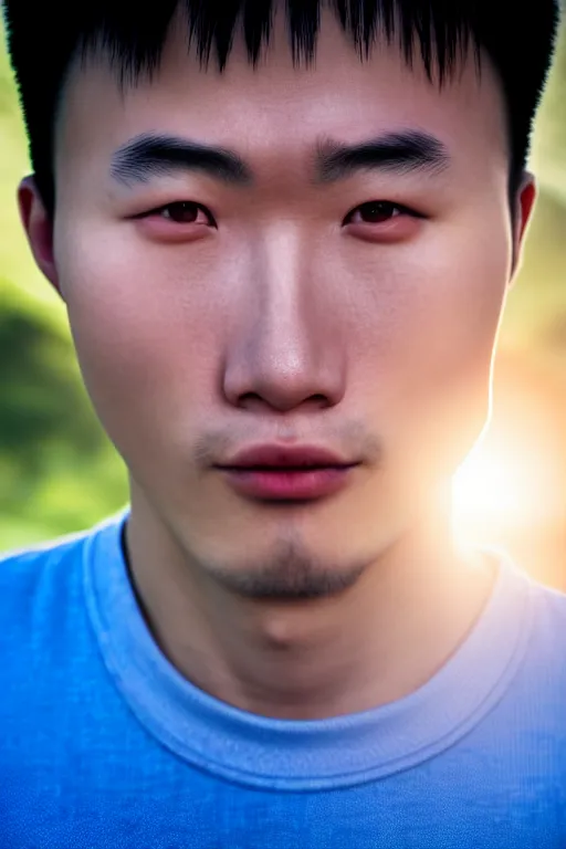 Prompt: high quality close-up photo very expressive biomechanic chinese man highly detailed eric zener elson peter cinematic blue lighting high angle hd 8k sharp shallow depth of field