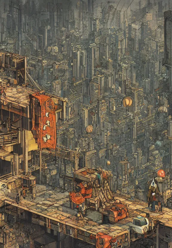 Image similar to [Underground colony with checkered flags, rust and brutalist buildings and little mushrooms. Propaganda poster, intricate, elegant, highly detailed, digital painting, artstation, concept art, matte, sharp focus, illustration, art by Enki Bilal and Moebius]