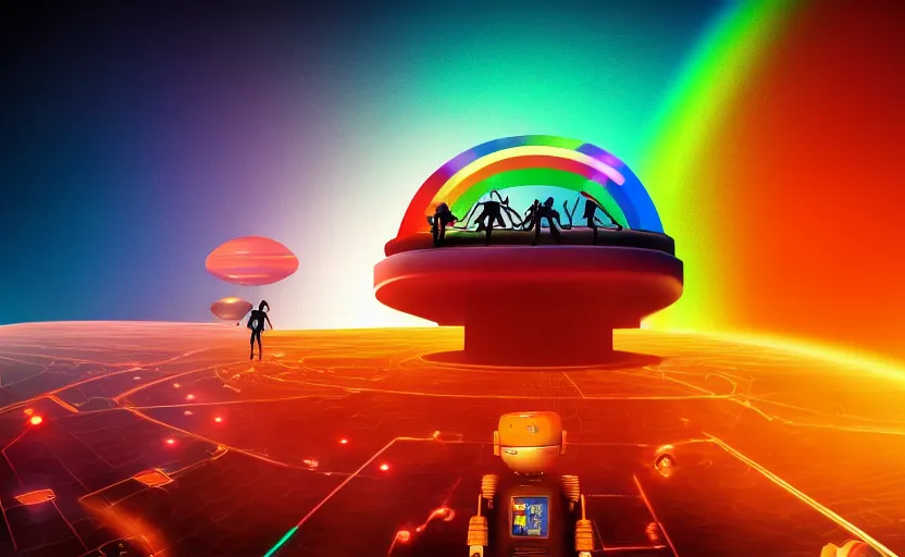 Image similar to crowd of humans and robots running from earth to mars on a rainbow bridge, ultra hd, neon colors