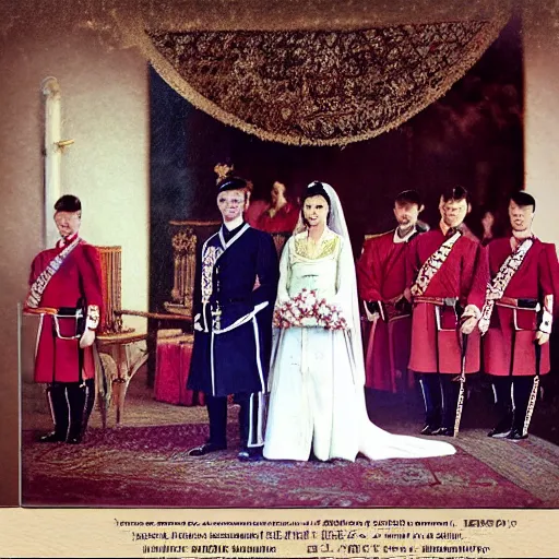 Image similar to a wide full shot, colored russian and japanese mix historical fantasy of a photograph portrait taken of a royal wedding processional ceremony, photographic portrait, warm lighting, 1 9 0 7 photo from the official wedding photographer for the royal wedding.
