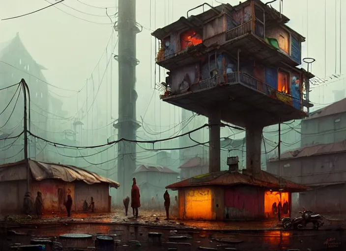 Prompt: waiting in line for cold soup by simon stalenhag and gil elvgren and tom bagshaw and marc simonetti and jan miense molenaer, slums, highly detailed, hyperrealism, dreary, cold, cloudy, grey, smog, high contrast, solarpunk, atompunk, high saturation, intricate complexity