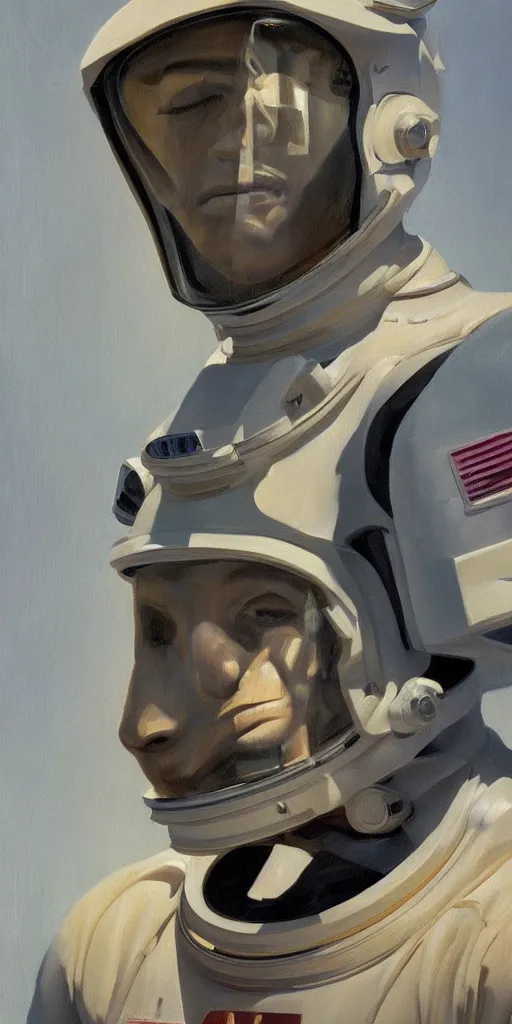 Image similar to a stunning and noble highly detailed portrait of an astronaut dissolving into dust by josep tapiro baro and edward hopper, trending on artstation, oil painting masterpiece, symmetry, mysterious, very very very aesthetic