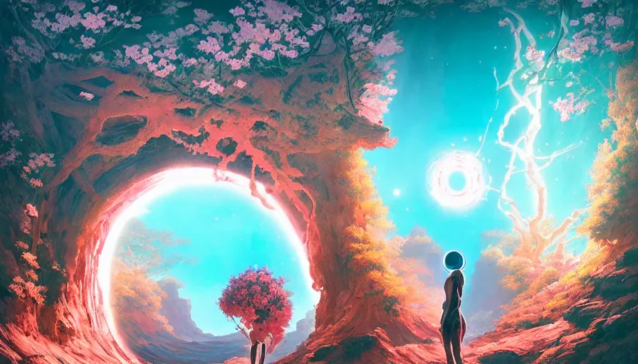 Prompt: a sakura portal appears out of nowhere in waimea canyon, inside the portal is a gateway to an alien world, otherworldly visuals, visually stunning, divine, scifi, by james jean, ruan jia, ilya kuvshinov, martine johanna, peter mohrbacher