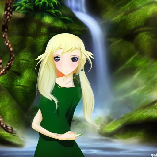 Prompt: beautiful young blonde-haired elf woman tucking her hair behind her ear and wearing a green dress in front of a waterfall, anime art, very very very very beautiful, 4k