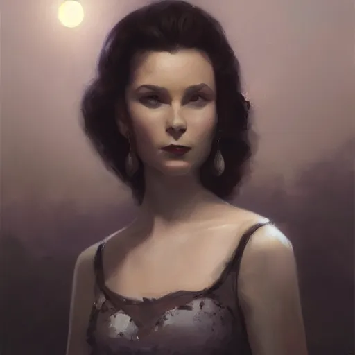 Prompt: portrait of a young vivian leigh, dramatic lighting, city background, night, moon, chiaroscuro, high detail, sharp, painted by greg rutkowski, painted by igor kieryluk, painted by bobby chiu, trending on artstation