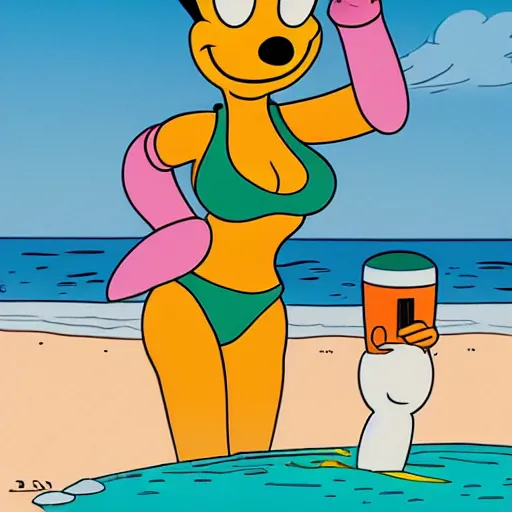 Image similar to leela from futurama making a bikini selfie with a shy donald duck at the beach, painting matt groening, don rosa, trending on artstation