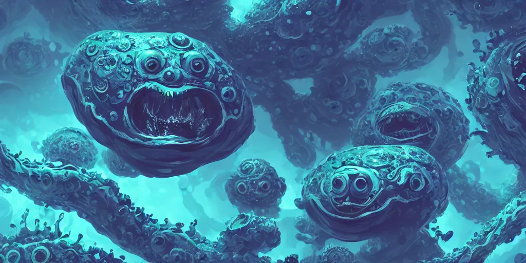 Image similar to of an intricate deep sea with strange cute friendly happy creatures with huge eyes, long tongue, round teeth and goofy funny face, appearing from the background, in the style of gehry and gaudi, macro lens, shallow depth of field, ultra detailed, digital painting, trending artstation, concept art, illustration, cinematic lighting, photorealism, epic, octane render