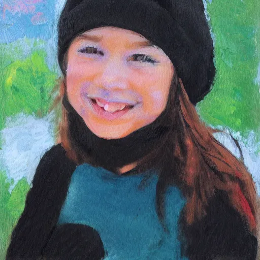 Image similar to painting of a girl with large smile, black color, beanie, impressionist style