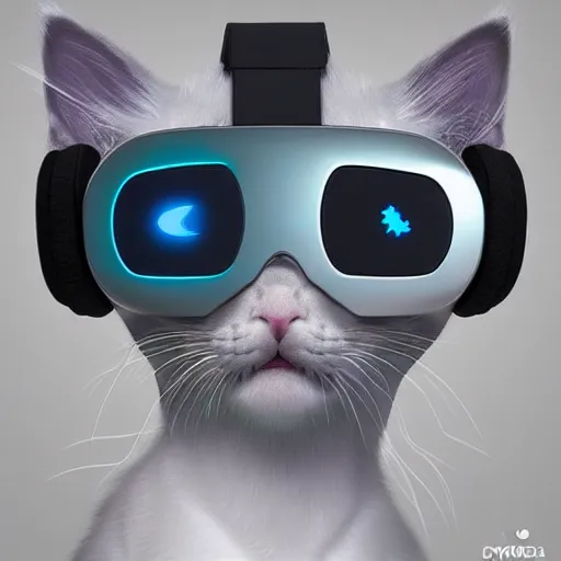 Image similar to crypto trading lyoki kitten from the future, wearing a cool vr headset 8 k hyperrealistic, trending on artstation