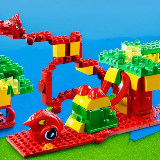 Prompt: duplo dino rollercoaster on fire