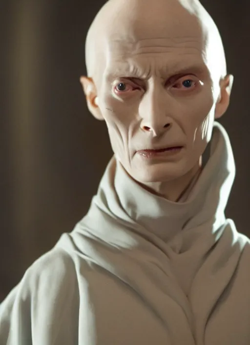 Prompt: film still of tilda swinton as voldemort in harry potter, 4 k, no nose