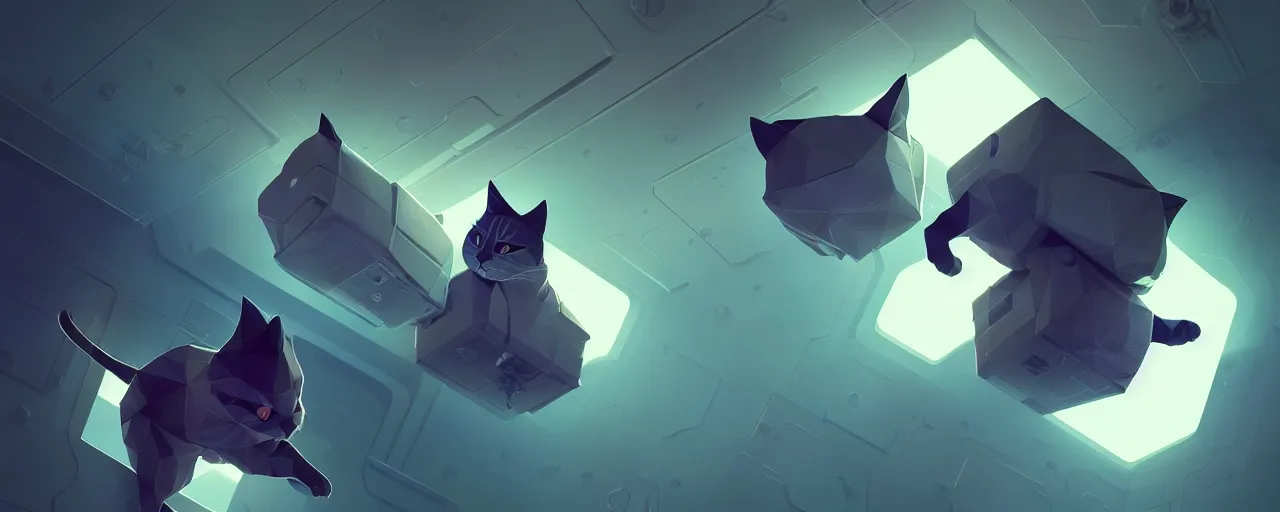 Image similar to duotone noir scifi concept illustration of lowpoly cats inside box floating zero gravity glowing 3 d mesh portals futuristic, glowing eyes, octane render, surreal atmosphere, volumetric lighting. accidental renaissance. by sachin teng and sergey kolesov and ruan jia and heng z. graffiti art, scifi, fantasy, hyper detailed. trending on artstation