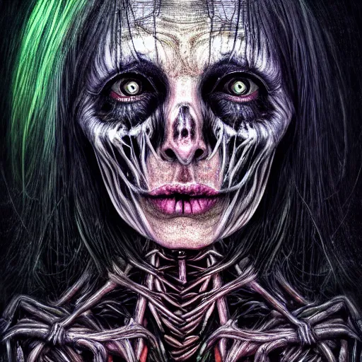 Prompt: full body portrait, a highly detailed witch, magic, night, extremely high detail, death, fear, horror, realistic, masterpiece, saturated colors, tangled, ripped flesh, by giger, perfect faces, fine details