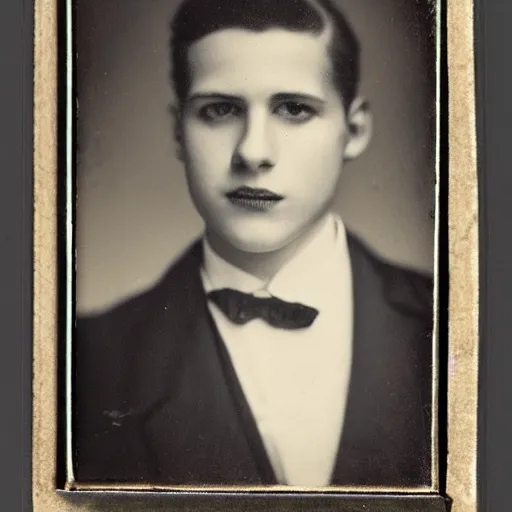 Prompt: a black and white photo of a young man, a character portrait by henry justice ford, tumblr, 1 9 2 0 s, studio portrait, tintype photograph