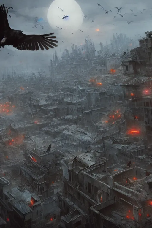Image similar to crows flying over a destroyed city, extremely detailed digital art, in the style of greg rutkowski, trending on artstation, 8 k