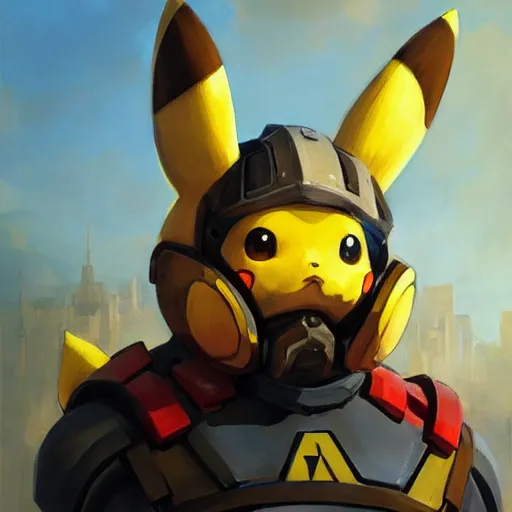 Image similar to greg manchess portrait painting of partially armored pikachu as overwatch character, medium shot, asymmetrical, profile picture, organic painting, sunny day, matte painting, bold shapes, hard edges, street art, trending on artstation, by huang guangjian, gil elvgren, ruan jia, greg rutkowski, gaston bussiere