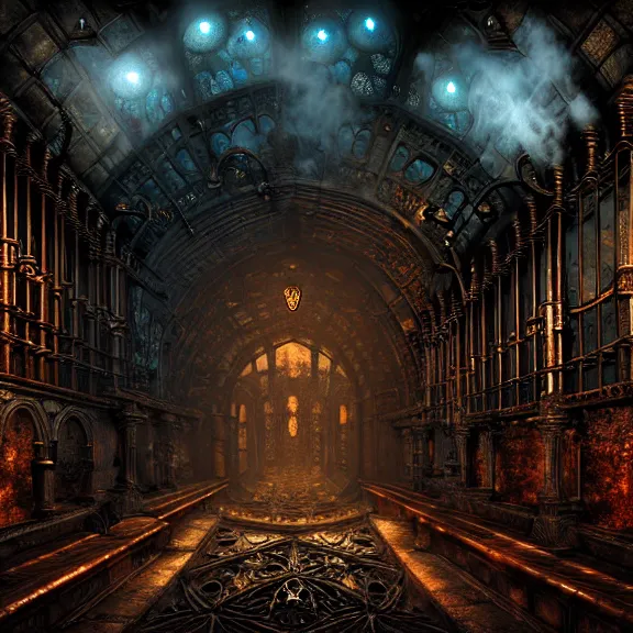 Image similar to steam necropolis, memento mori, gothic, neo - gothic, art nouveau, hyperdetailed copper patina medieval icon, stefan morrell, philippe druillet, ralph mcquarrie, concept art, steampunk, unreal engine, detailed intricate environment, octane render, moody atmospherics, volumetric lighting, ultrasharp, ominous, otherworldly