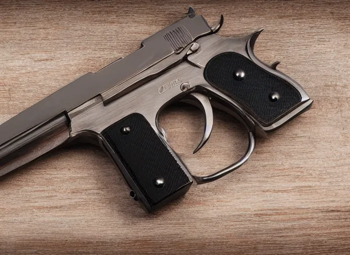 Prompt: Dark-toned product photos, Colt Pistol in chromium metal, 4K, Vintage