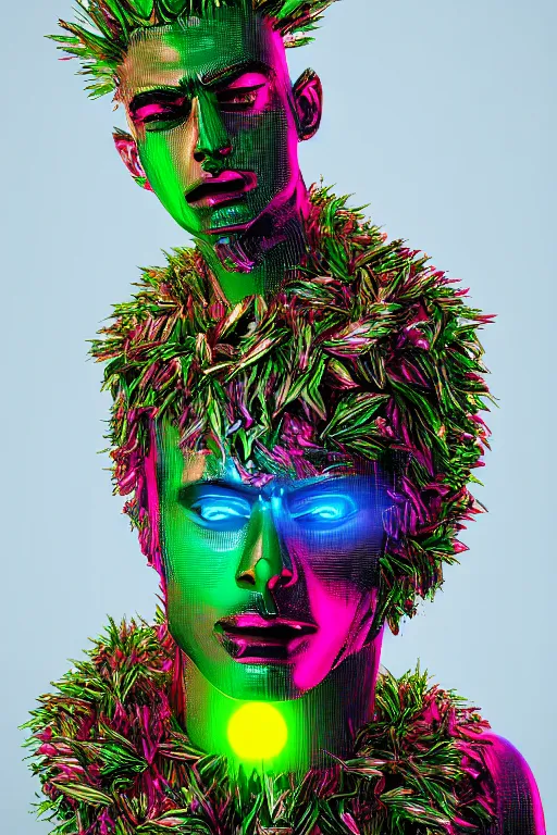 Image similar to hyper detailed ultra sharp portrait of baroque and bladerunner delicate neon ruby sculpture of seductive albino zayn malik gorilla green radioactive humanoid deity wearing metallic hoody made out of leaves holding the sun prismatic dungeon, glowing rainbow face, crown of white diamonds, cinematic lighting, photorealistic, octane render 8 k depth of field 3 d