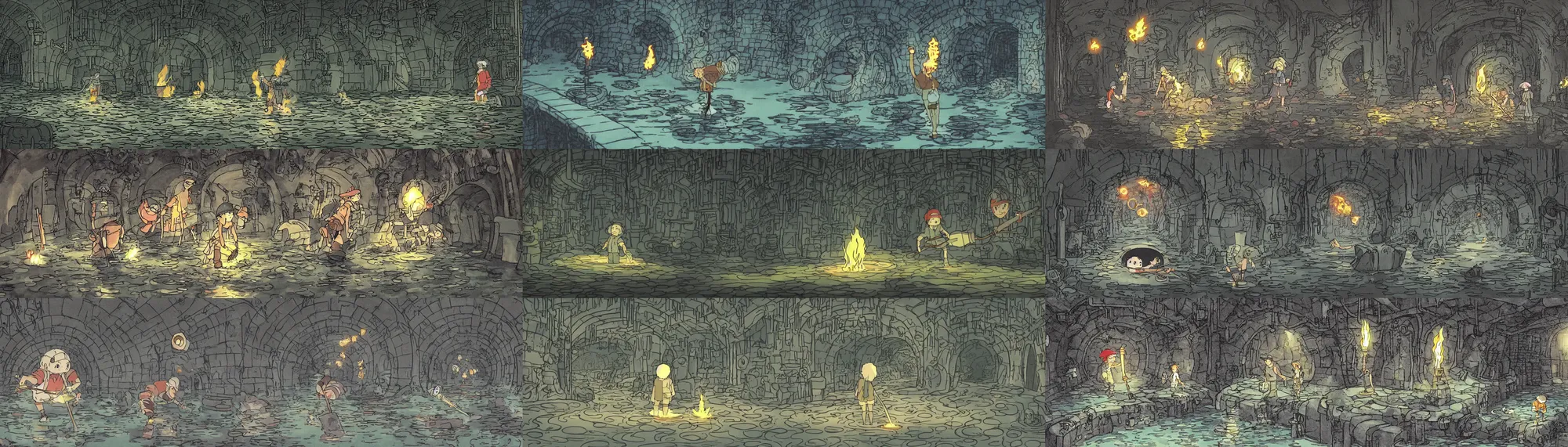 Prompt: scene from studio ghibli's sewer adventures where the wizard stands in a waist - deep river holding a torch in a long twisting sewer tunnel. underground, crumbling masonry, sewage falling from grates.