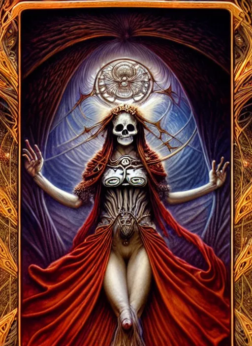 Image similar to A beautiful detailed orixa, tarot card, by tomasz alen kopera and Justin Gerard, symmetrical features, ominous, magical realism, texture, intricate, ornate, royally decorated, skull, skeleton, whirling smoke, embers, red adornements, red torn fabric, radiant colors, fantasy, trending on artstation, volumetric lighting, micro details, 3d sculpture, ray tracing, 8k, anaglyph effect