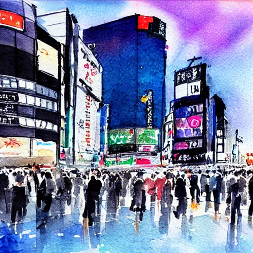 Image similar to shibuya crossing, water color painting