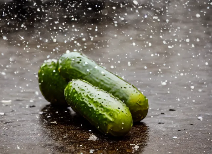 Prompt: photo still of lots of whole pickles falling from the sky, 8 k, 8 5 mm f 1. 8