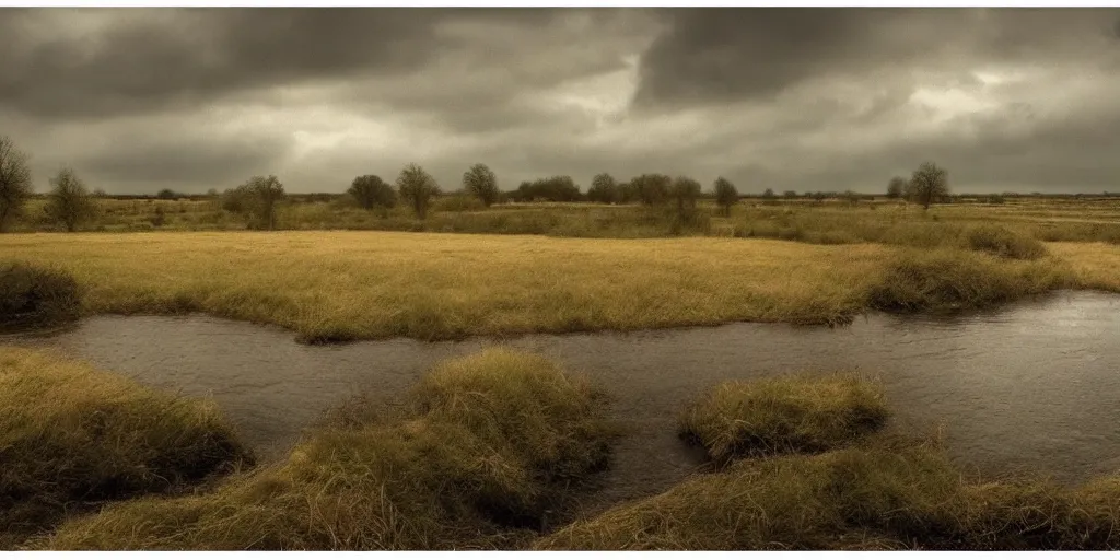 Image similar to a beautiful landscape of the Hoeksche Waard, award winning, very detailed, cinematic atmospheric masterpiece