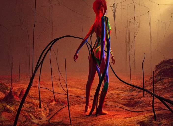 Image similar to rgb, woman, woods, on an alien planet, movie scene, inspired by zdzislaw beksinski, clothes made out of veins,, cables everywhere, bedroom, ultra realistic, concept art, intricate details, highly detailed, photorealistic, octane render, 8 k