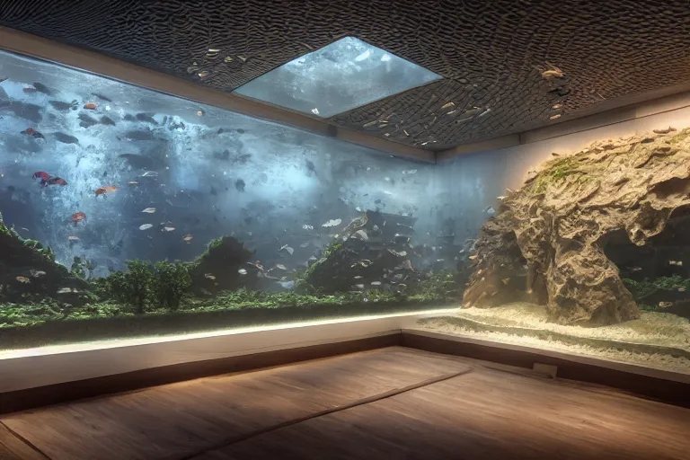 Image similar to modern museum with freshwater aquariums as walls, hyper realistic, ambient lighting, concept art, intricate, hyper detailed, smooth, dynamic volumetric lighting, octane, raytrace, cinematic, high quality, high resolution, 4 k, cgsociety, rutkowski, gurney