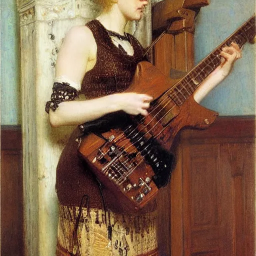 Image similar to Blonde punk girl playing electric guitar, oil painting by Lawrence Alma-Tadema, masterpiece