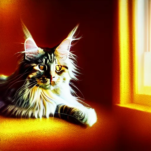 Image similar to portrait cream color maine coon cat curled up, bay window sofa, 8K, 4K, digital art, palette knife, photoshop, sumi-e, oversaturated lens flair, bokeh, sunbeam